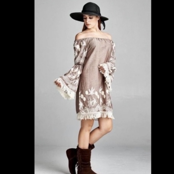 Indigo Soul Brown Off-Shoulder Dress with Cream Embroidery - Picture 2 of 14